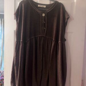 Three Bird Nest Brown Midi Dress with Button Placket